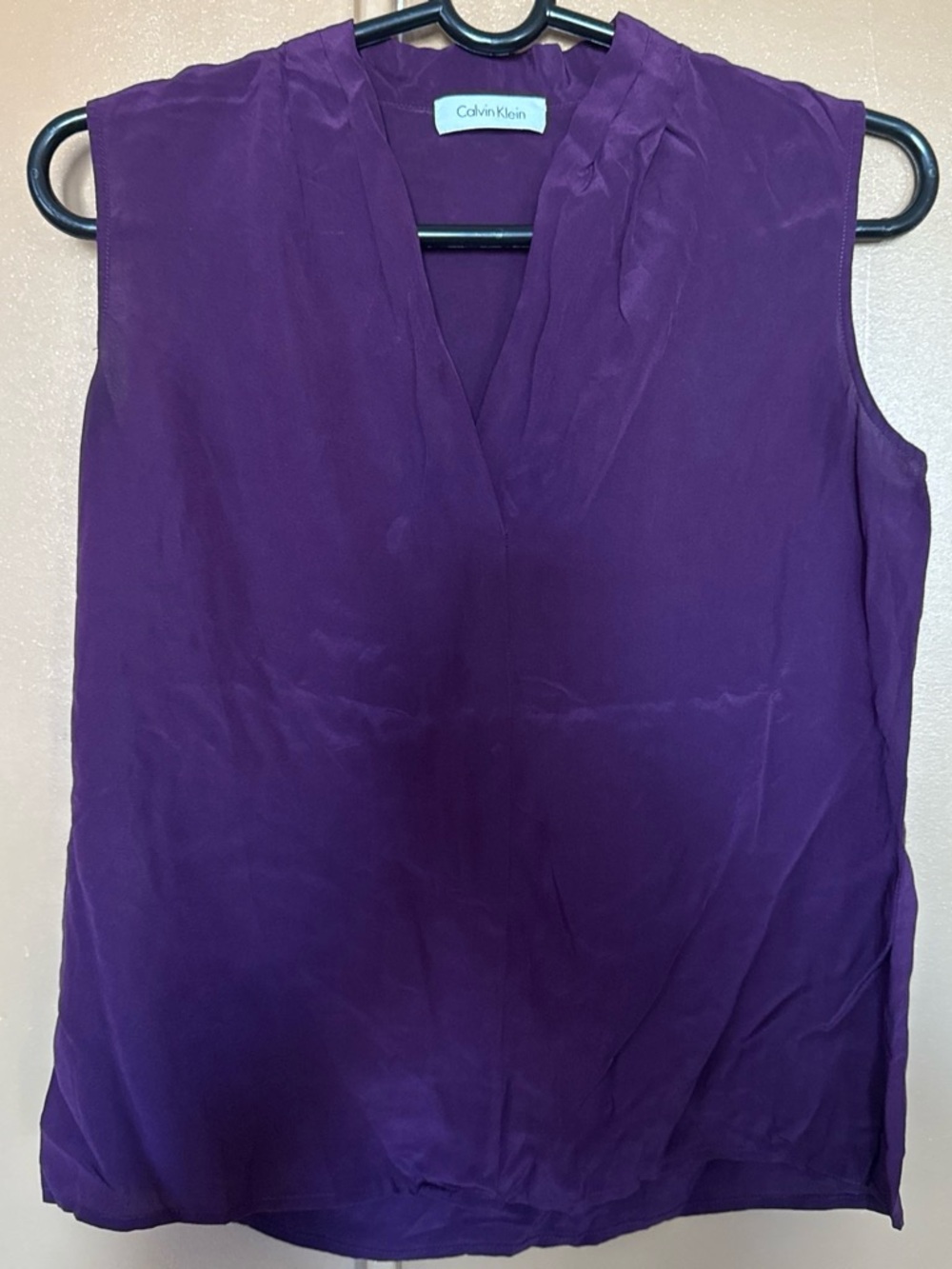 Calvin Klein Sleeveless V-Neck Satin-Look Top in Deep Purple